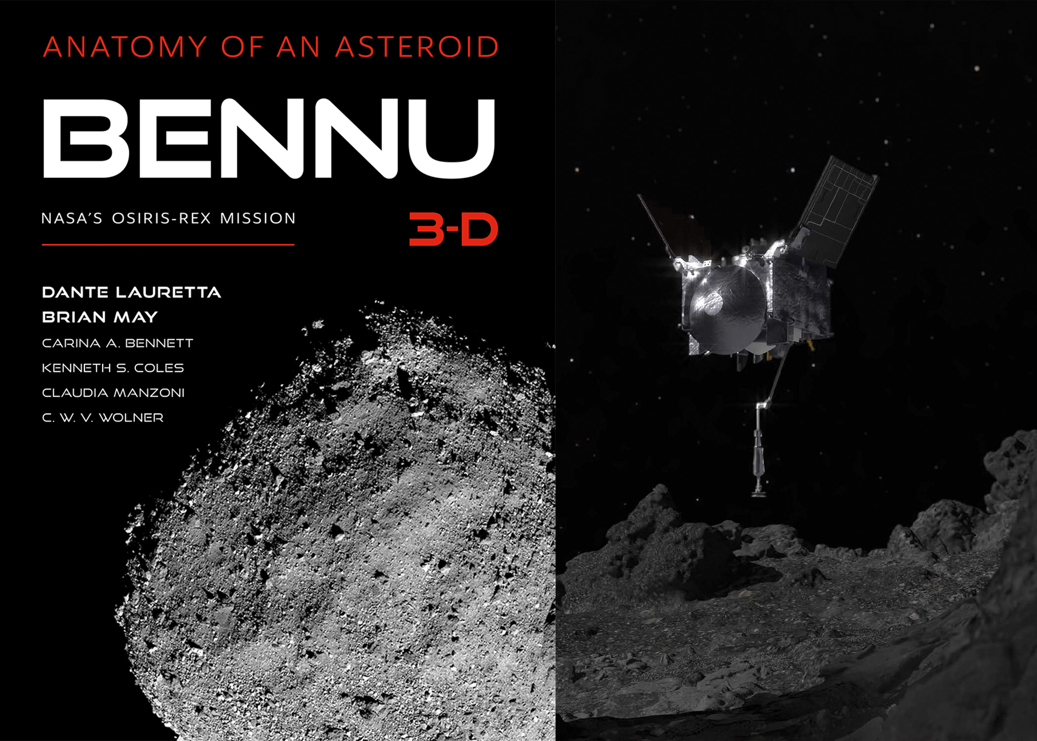 Bennu 3-D cover and OSIRIS-REx hovering above Bennu asteroid