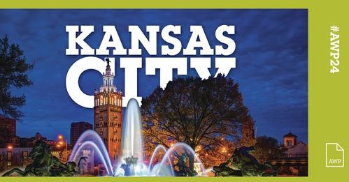 Logo for the AWP conference with the words Kansas City behind a tower and a fountain from Kansas City.