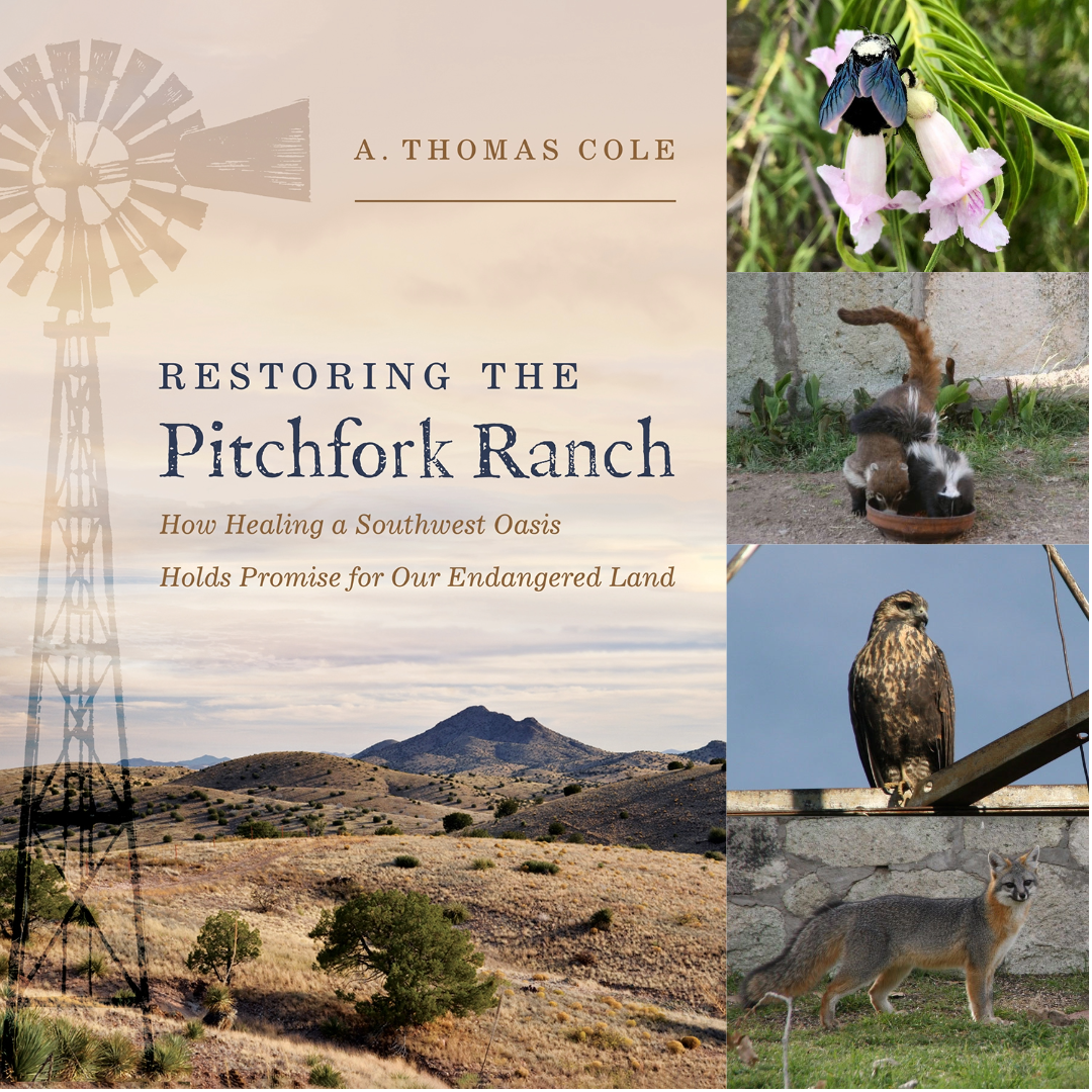 Pitchfork Ranch book cover on left. Animal photos on right. From top to bottom bee on flower, coatimundi and skunk sharing water bowl, falcon on steal beam, and red fox in front of stone wall.