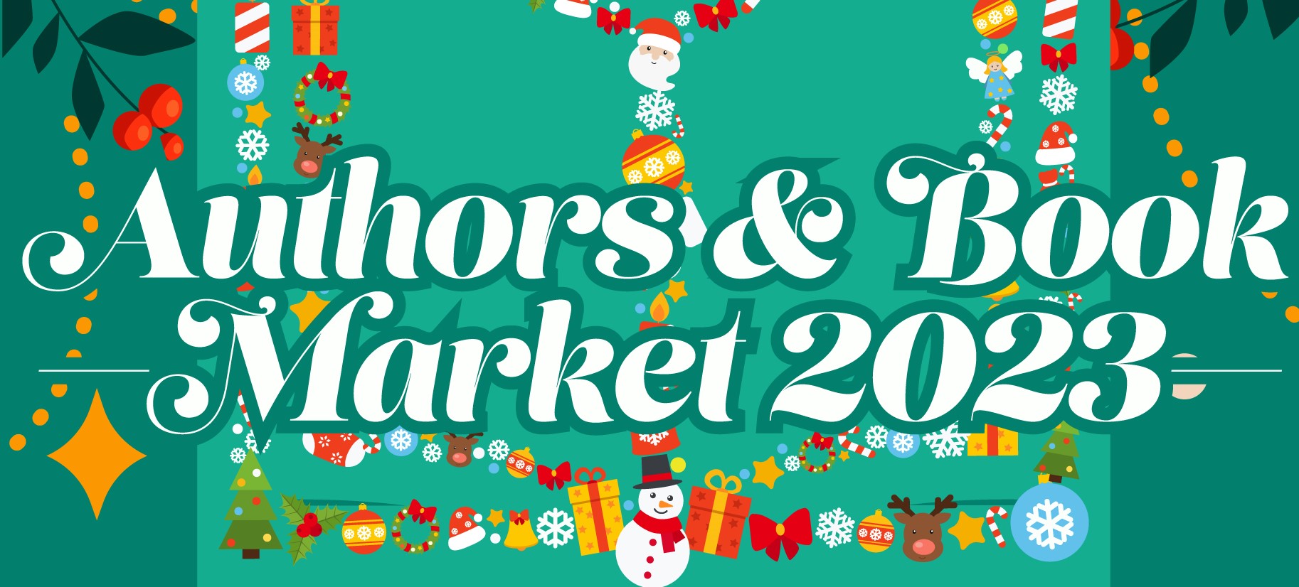 Christmas icons surrounding the text Authors and Book Market 2023