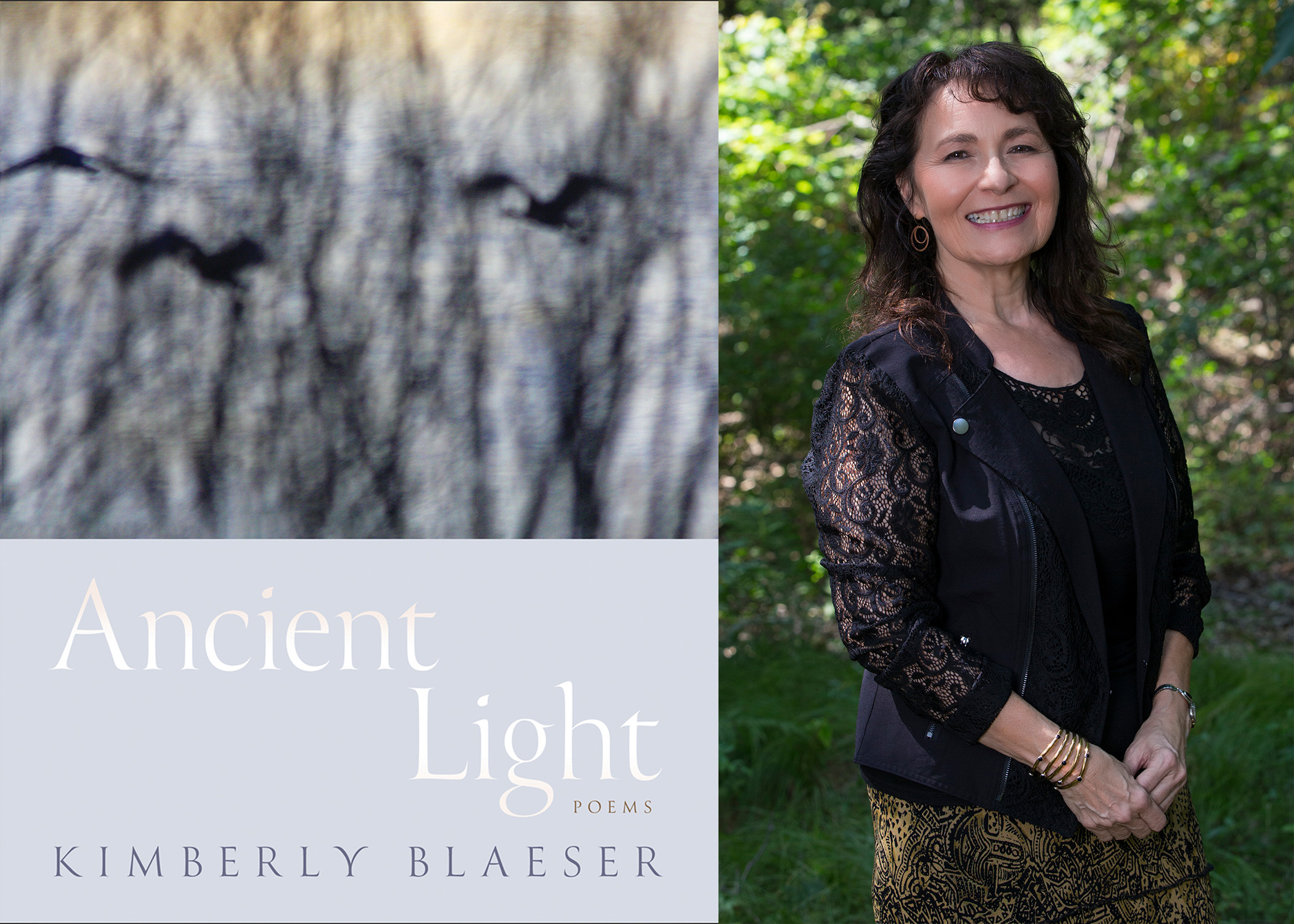 Book cover for Ancient Light Poems, and photo of author Kimberly Blaeser