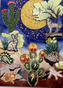 mosaic image of sonoran desert plants and animals with nahua communication symbol on prickly pear cactus pads