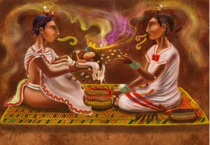 Modern Nahua painting of two women sitting on a rug, with healing happening and Nahuatl communication symbol coming from their mouths