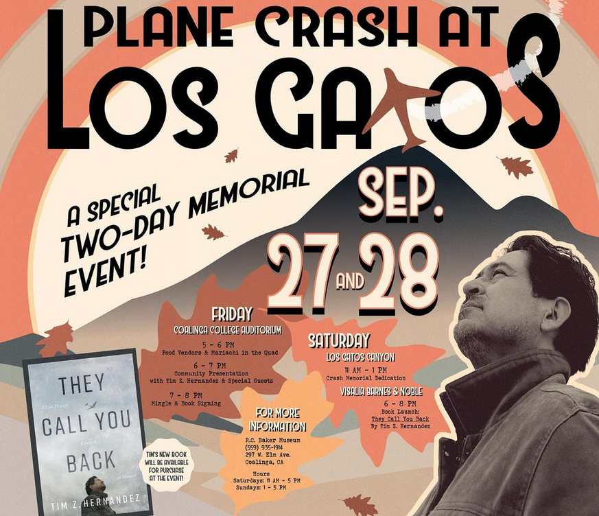 poster for Plane Crash at Los Gatos memorial events in Coalinga, California