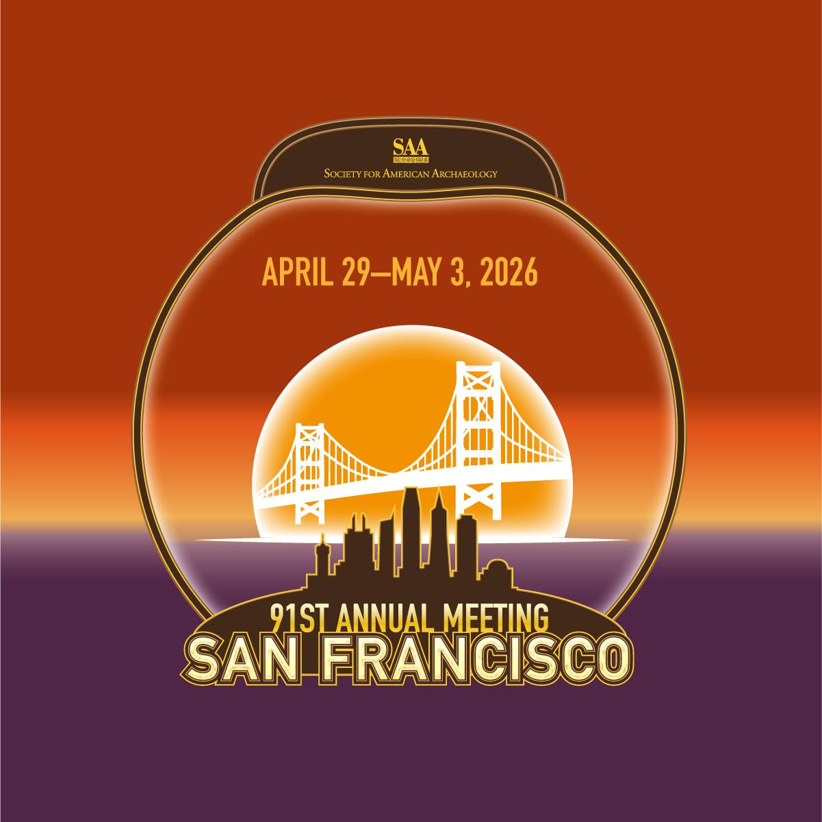 logo for the society of american archaeology conference in 2026 featuring an illustration of the golden gate bridge hovering over the san francsico skyline