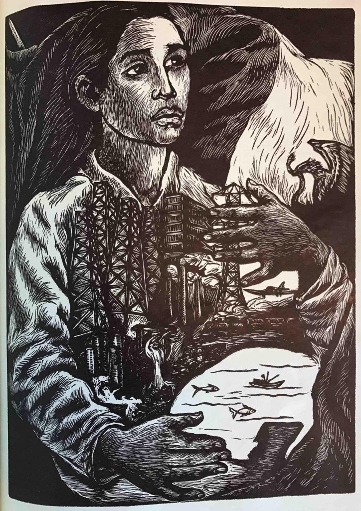 Black and white illustration of a young person holding what looks like an entire city in his hands. Behind him the Mexican flag waves in the wind.