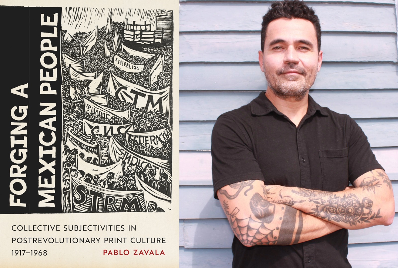 On the left is book cover for Forging a Mexican People, on the right is author Pablo Zavala
