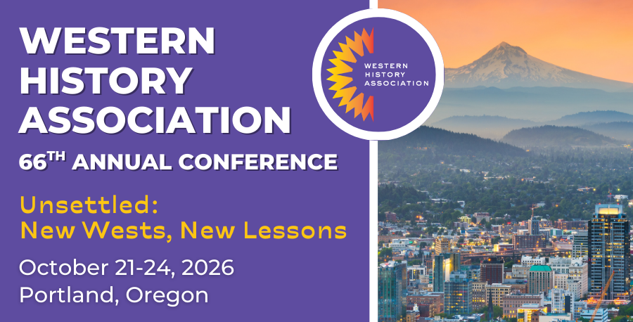 WHA conference header image. Text on purple background left, mountain scenery right