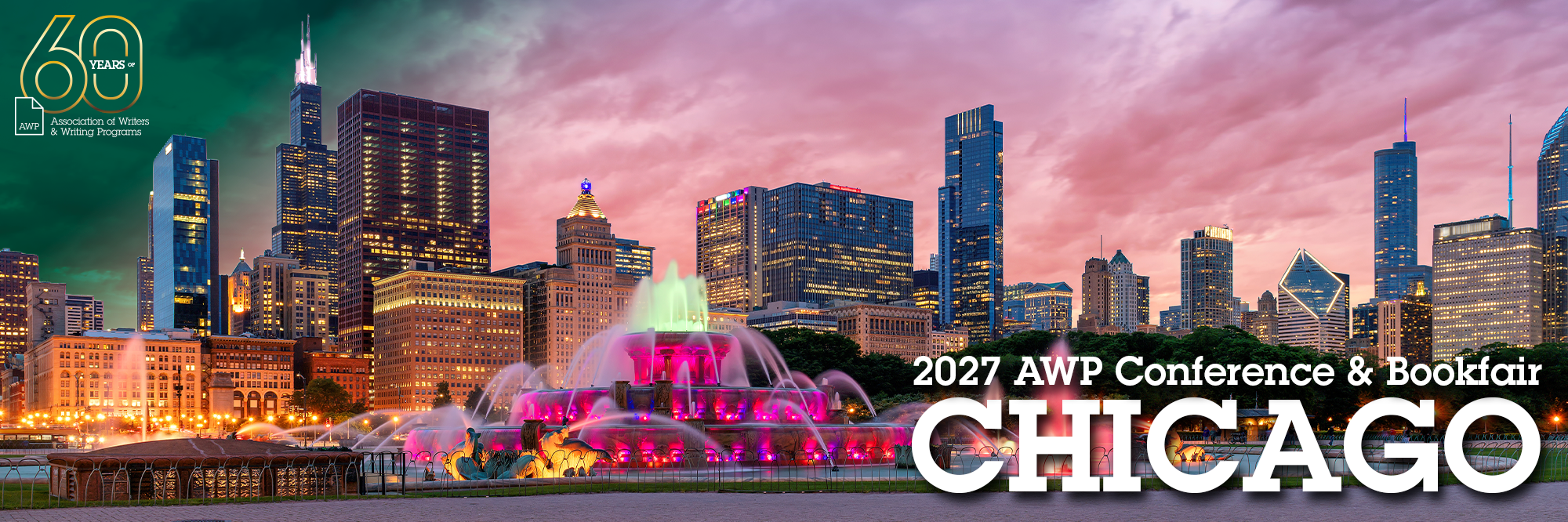 Header image showing Chicago skyline at sunset with "Chicago" and "AWP 2027 Conference & Bookfair"
