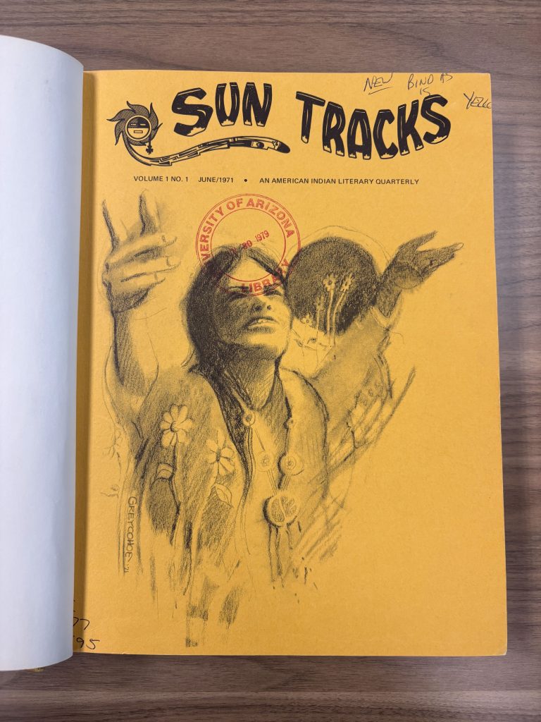 Cover of Sun Tracks literary quarterly (June 1971) featuring a sketch of a person with raised arms on a yellow background.