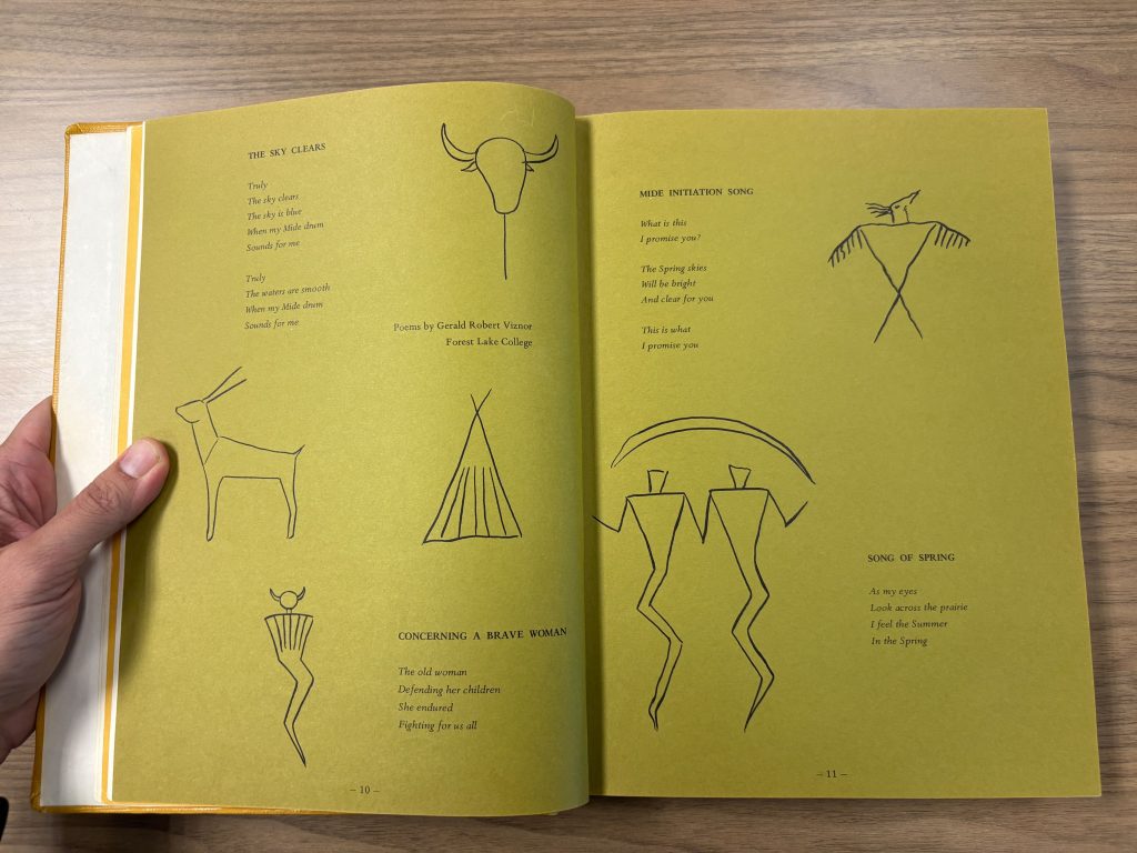 Open book spread with poems and simple line drawings, including a deer, tipi, bird, and two stylized figures.