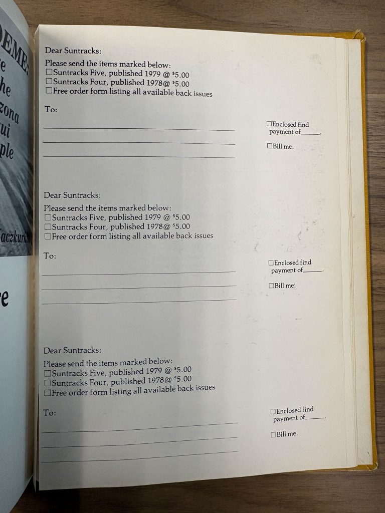 Order form page for Sun Tracks back issues, with checkboxes, mailing address lines, and payment options.