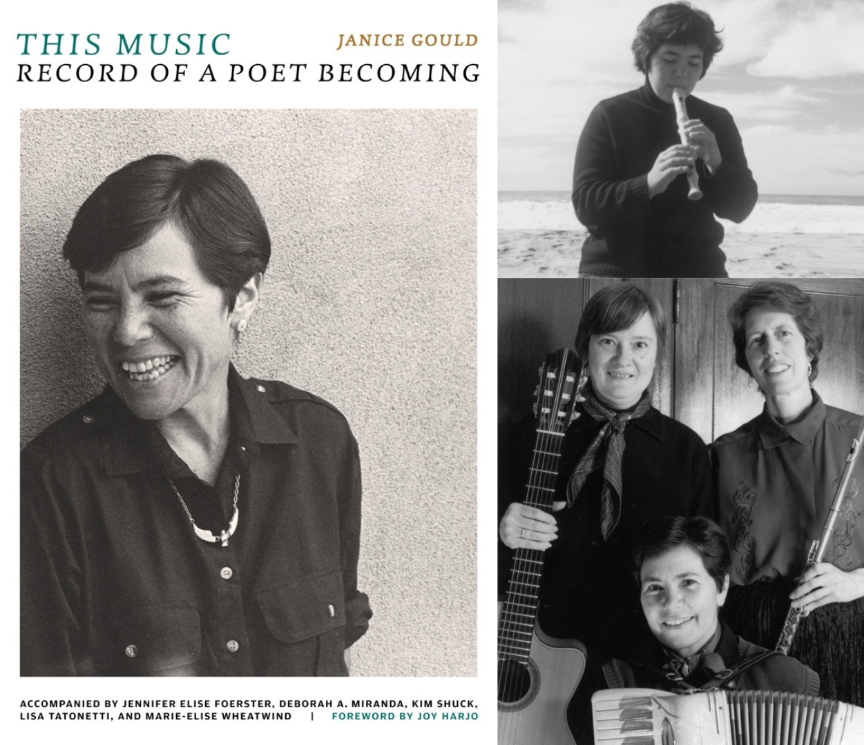 This Music book cover on the left and author Janice Gould with musicians on the right