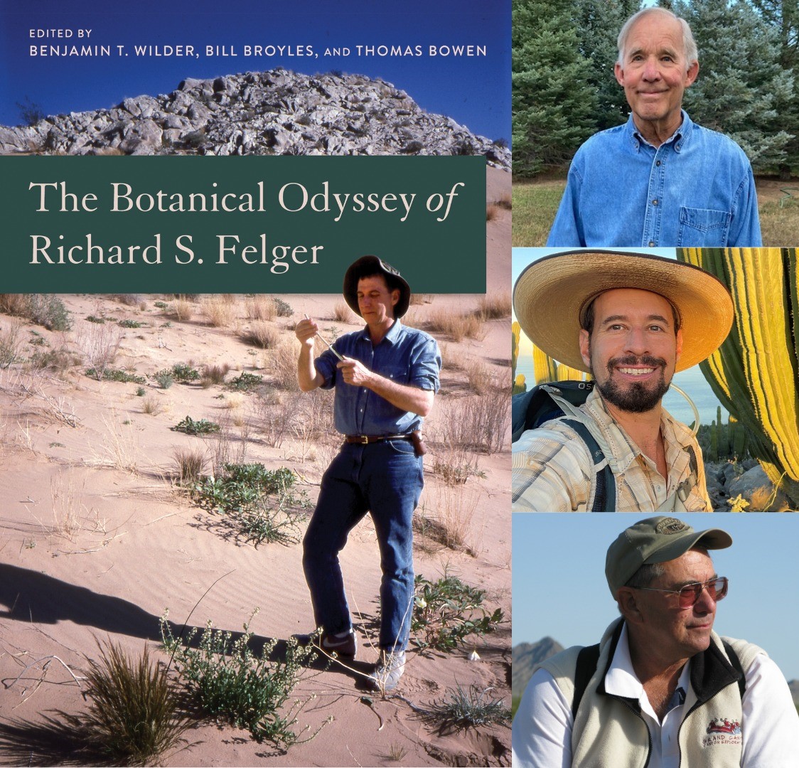 A cover of the book is on the left of the image and on the right at the top is an image of co-editor Thomas Bowen, below that is co-editor Ben Wilder, and below that is co-editor Bill Broyled. All three men are standing outside in the desert.