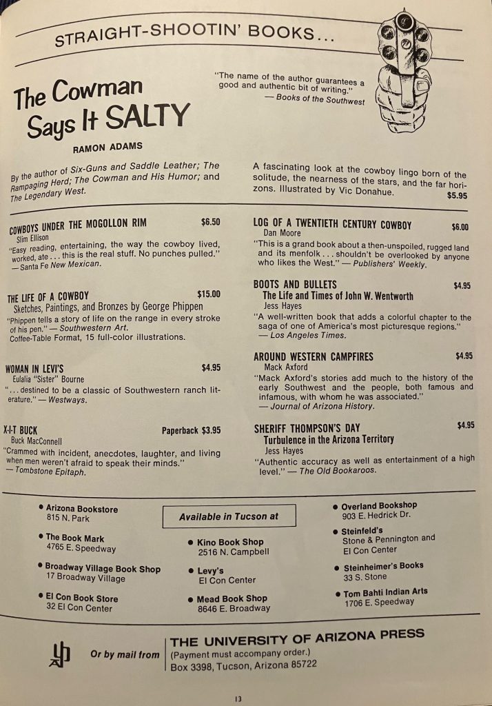 advertisement for University of Arizona Press books from 1972 rodeo program