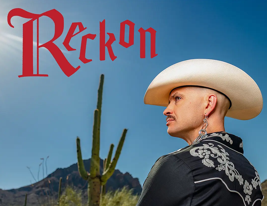 Author Logan Phillips with saguaro and title of his book "Reckon"