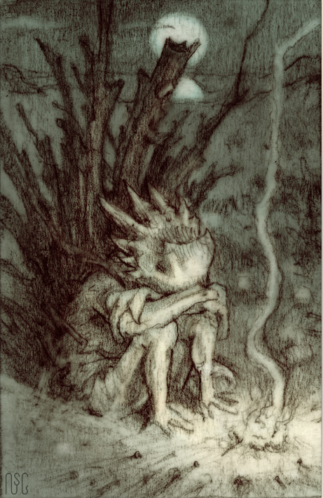 sketch of horned lizard sitting by a campfire
